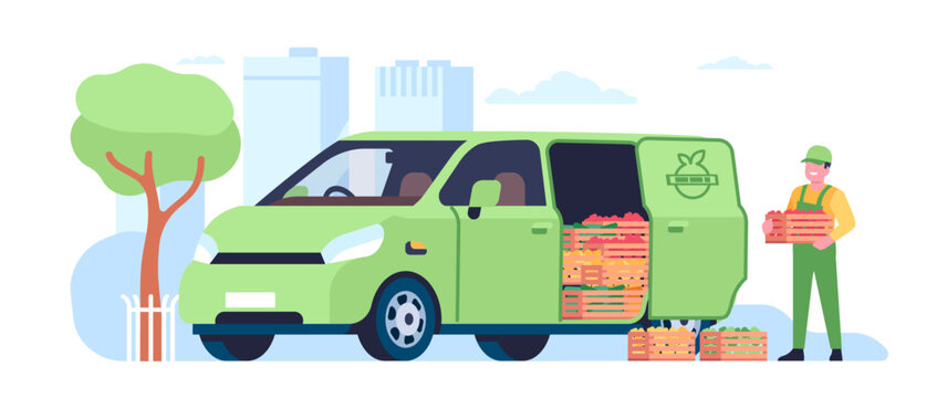 Delivery Of Farm Fresh Fruits And Vegetables. Deliveryman Holding Box Of Natural Products. Man Loading Crates Into Automobile Van. Agriculture Harvest. Courier In Uniform. Vector Concept