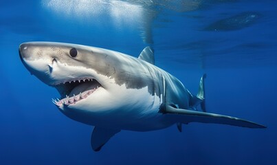 Fototapeta premium a great white shark with its mouth open in the water. generative ai