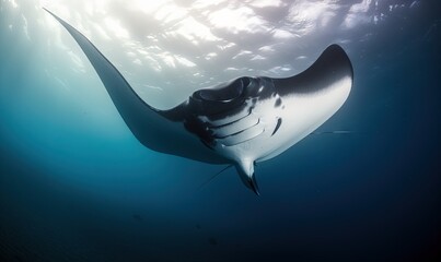  a manta ray swims through the water in the ocean.  generative ai - obrazy, fototapety, plakaty