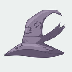 Vector illustration of a hand-drawn purple witch hat with patches.