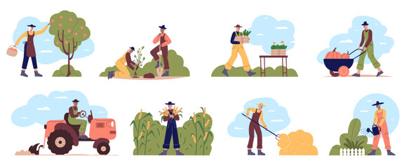 Farmers work. People in work clothes pick apples. Plants cultivation. Fruit trees in orchard. Man watering garden and plowing field. Tractor and harvest hay. Vector agricultural workers set