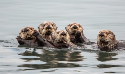  a group of sea otters swimming in the ocean together.  generative ai