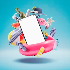 Fotobehang Smartphone, inflatable flamingo and beach accessories © stokkete