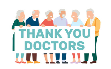 Group of elderly grandparents thank doctors. Appreciation to physicians and nurses. Happy senior men and women. Thankfulness to healthcare workers. Gratitude poster. Vector concept