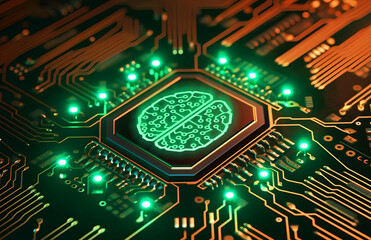 Smart microchip chip on a electronic circuit mother-board with a glowing brain logo icon and green sensor lights