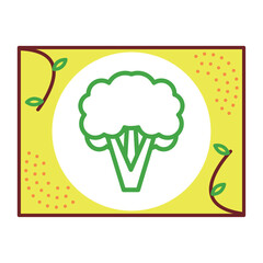 Broccoli vector icon with yellow background and white border.