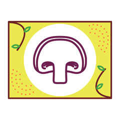 Mushroom vector icon with yellow background and white border.