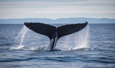  a whale tail flups out of the water in the ocean.  generative ai