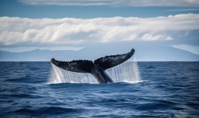 Fototapeta premium a whale tail flups out of the water in front of mountains. generative ai