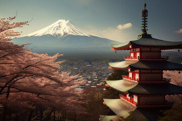 Fototapeta premium Travel, landscape, cityscape concept. Fujiyoshida, Japan Beautiful view of mountain, Chureito pagoda, cherry blossoms. Generative AI