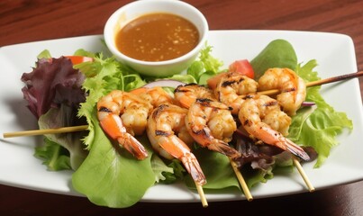  a white plate topped with shrimp and lettuce next to a dipping sauce on top of a wooden table next to a wooden table.  generative ai