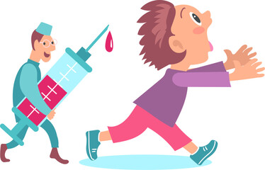 Kids fear. Frightened boy escaping from doctor. Physician with injection syringe. Children phobia. Panicked teen running away from medical worker. Horror of vaccination. Vector concept