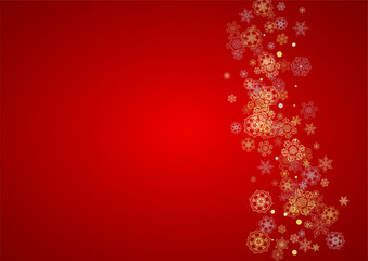 Fototapeta na wymiar Christmas snow on red background. Glitter frame for winter banners, gift coupon, voucher, ads, party event. Santa Claus colors with golden Christmas snow. Horizontal falling snowflakes for holiday.