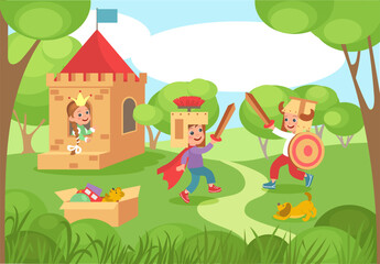 Kids play with cardboard boxes. Cute children play in carton castle. Outdoor leisure activities. Happy boys in homemade armor fighting for princess. Park playground. Splendid vector concept