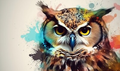  an owl with yellow eyes is painted with watercolors on a white background with a splash of paint on it's back side.  generative ai