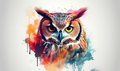 Fototapeta premium an owl with yellow eyes is painted with watercolors on a white background with a splash of paint on the bottom half of the image. generative ai