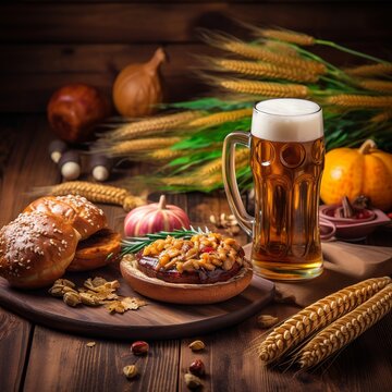 illustration of Oktoberfest Beer Festival icons set. Lederhosen, gingerbread, accordion, beer, grilled sausage on fork, smoking pipe and ets, Generative Ai