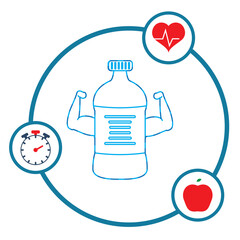 vector icon in blue lines of a bottle with arms with a white background