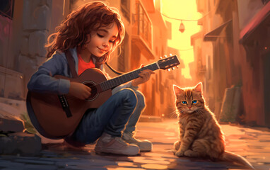 Cute Girl Playing Guitar with Red Tabby Cat