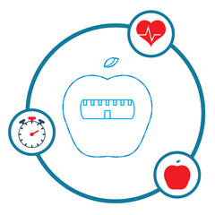 vector icon in blue lines of an apple with meter with a white background