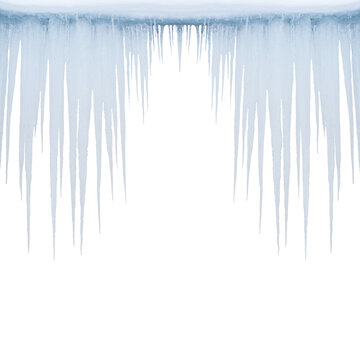 Hanging sharp transparent icicles in winter