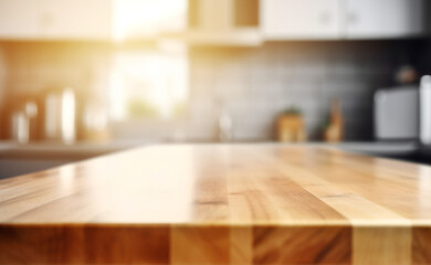 Fototapeta na wymiar A wooden table in a kitchen, background blurred, ideal for product placements, Generative AI