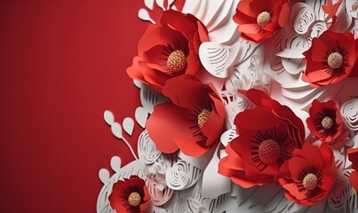  paper flowers on a red background with white paper flowers in the middle of the image and a gold center piece in the middle of the image.  generative ai