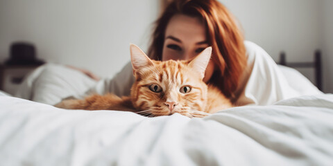 Beautiful ginger cat lying on bed with young woman, enjoying relaxed morning at home