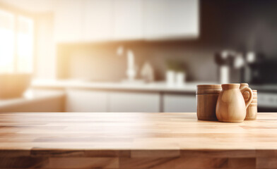 Obraz na płótnie Canvas A wooden table in a kitchen, background blurred, ideal for product placements, Generative AI