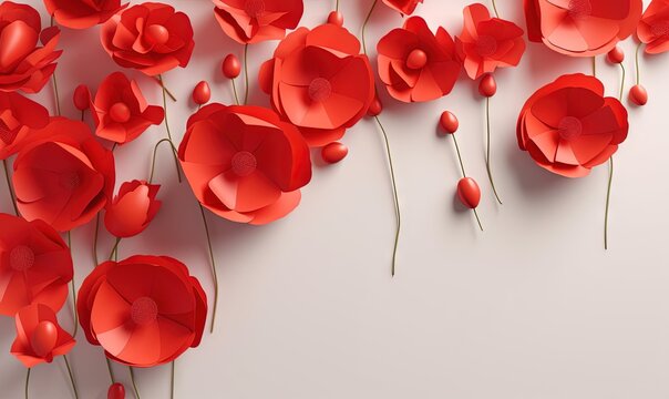  a bunch of red flowers on a white background with a place for text or a picture to put on a card or brochure.  generative ai