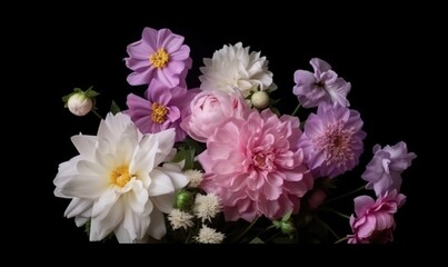  a bunch of flowers that are in a vase on a table with a black background in the middle of the picture is a bunch of pink, white, pink, purple, and white, and yellow flowers.  generative ai