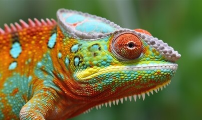  a close up of a colorful chamelon on a branch with a blurry back ground and green grass in the back ground behind it.  generative ai