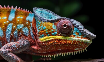  a close up of a colorful chamelon on a tree branch with a black back ground and green leaves in the back ground and a black background.  generative ai