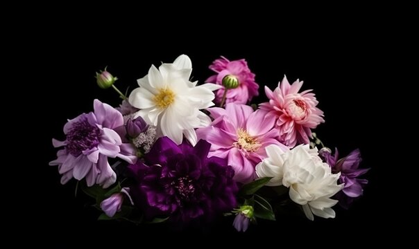  a bunch of flowers that are in a vase on a table with a black background in the middle of the picture is a purple and white flower.  generative ai