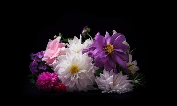  a bunch of flowers that are sitting on a black tablecloth with a black background in the middle of the picture is a bouquet of flowers.  generative ai