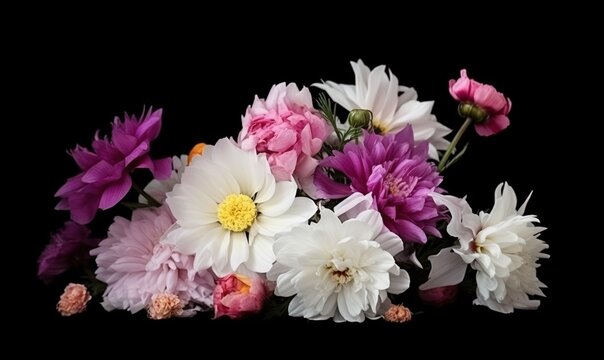  a bunch of flowers that are sitting on a black tablecloth with a black background behind them and a white and pink flower in the middle of the picture.  generative ai
