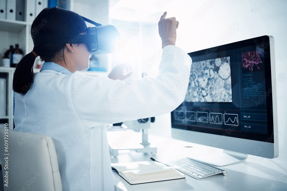 Aufkleber Woman, scientist and VR goggles with metaverse, computer screen with futuristic tech and science innovation in lab. Virtual reality, digital data and UX with scientific experiment and female doctor