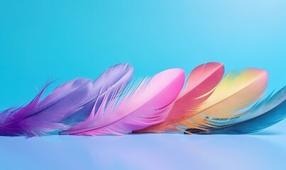  a row of colorful feathers sitting on top of a blue surface with a sky background in the back ground of the row is a pink, purple, blue, pink, pink, purple, and.  generative ai