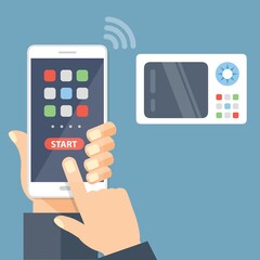 Smartphone telecomando app. Microonde controllato tramite smartphone con connessione Wi-Fi - illustrazioni 
