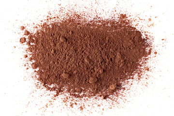 Pile cocoa powder isolated on white, top view
