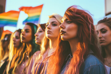 Fototapeta premium Women with rainbow flags proudly representing the LGBTIQ+ community. generative ai