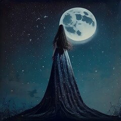 Fototapeta na wymiar Goddess of the moon in long dress on the starry sky background with full moon.Generative AI, non-existent person