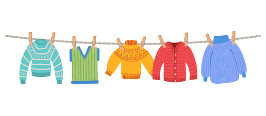 Clothes on rope. sweaters socks outdoor. Vector template illustration isolated