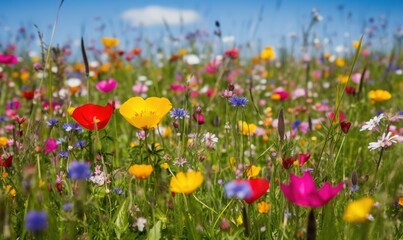  a field full of colorful wildflowers and daisies on a sunny day with a blue sky in the background of the photo.  generative ai