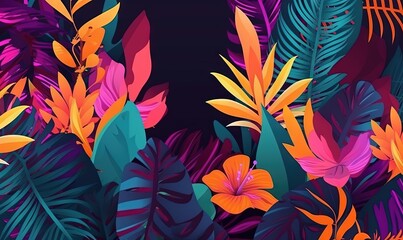  a bunch of colorful tropical plants and leaves on a dark background with a black background and a black background with a white border and a blue border.  generative ai