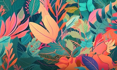  a bunch of different colored leaves on a green background with red and pink colors on the leaves and the leaves are all over the place.  generative ai