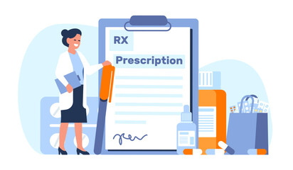 Woman doctor writes RX prescription for drugs. Pharmaceutical recipe. Document tablet. Female physician prescribes medicines. Medical pill bottles. Illness treatment. Vector concept - obrazy, fototapety, plakaty