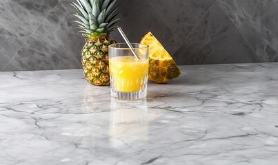  a glass of orange juice next to a pineapple on a marble counter top with a pineapple in the middle of the glass and a pineapple on the side.  generative ai