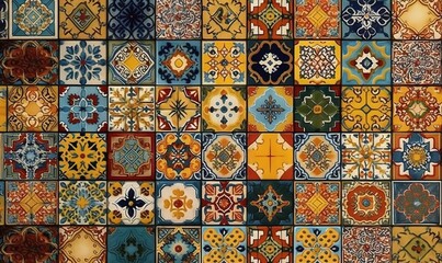  a large collection of colorful tiles with different designs and colors on them, all arranged in a square pattern, all in different colors and sizes.  generative ai