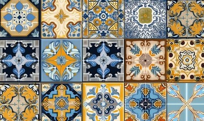  a bunch of different colored tiles with different designs on them, all of which are different colors and shapes, all of which are different sizes.  generative ai